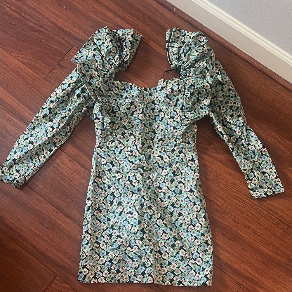 Zara Green Floral Long Sleeve Dress